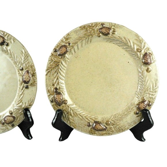 Bread Dessert Plate Country Pine Cone Design Lake Lodge Cabin Style 8" Set of 2 - Picture 3 of 12